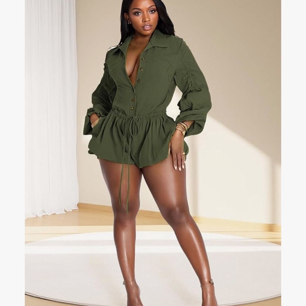 Amazon Olive Green Long Sleeve Drawstring Romper
